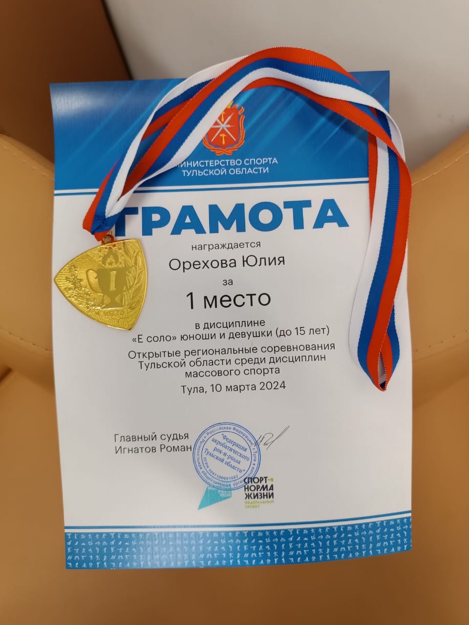 Медаль и грамота Министерства спорта Тульской области.